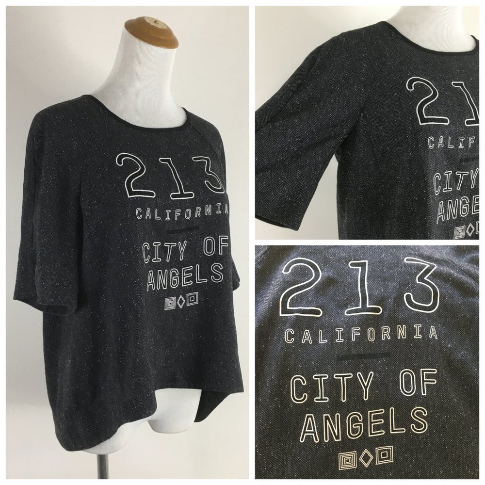 BCBGENERATION Black White Gray Herringbone CALIFORNIA CITY OF ANGELS Shirt